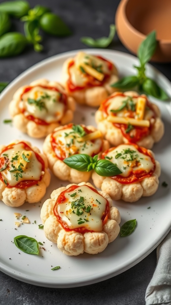 Savory cauliflower pizza bites on a plate with fresh basil