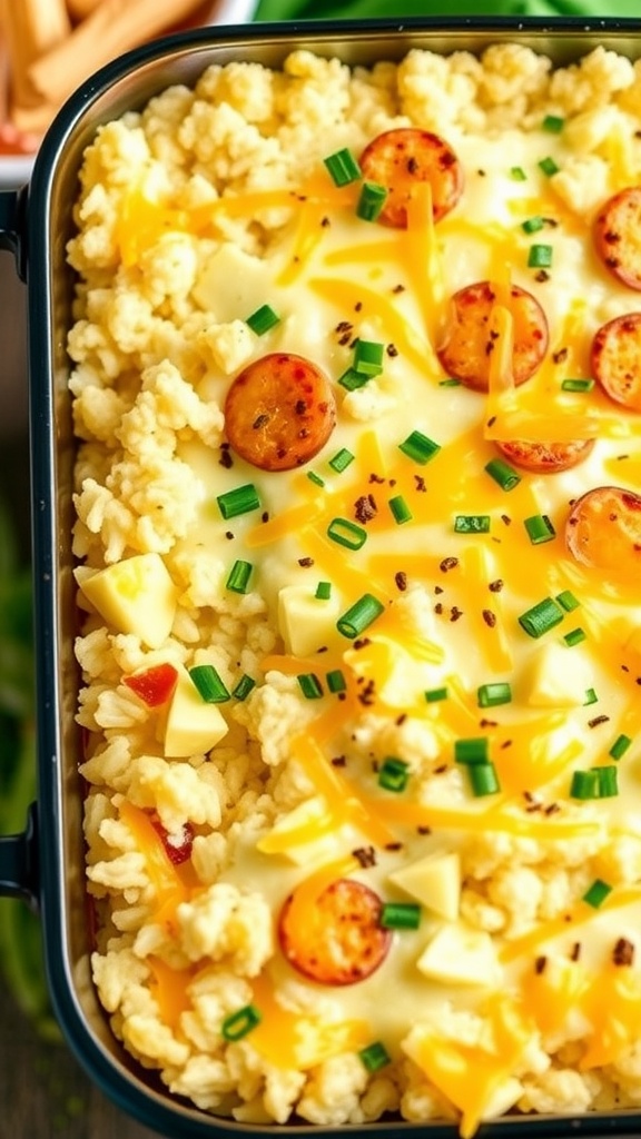 A delicious cauliflower rice casserole topped with cheese and green onions.