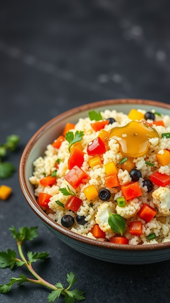 A bowl of savory cauliflower rice pilaf with colorful peppers and herbs.