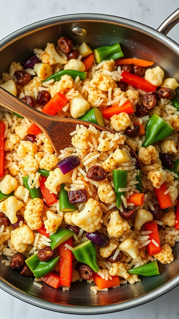 A bowl of cauliflower rice stir-fry with colorful vegetables and wooden spoon.