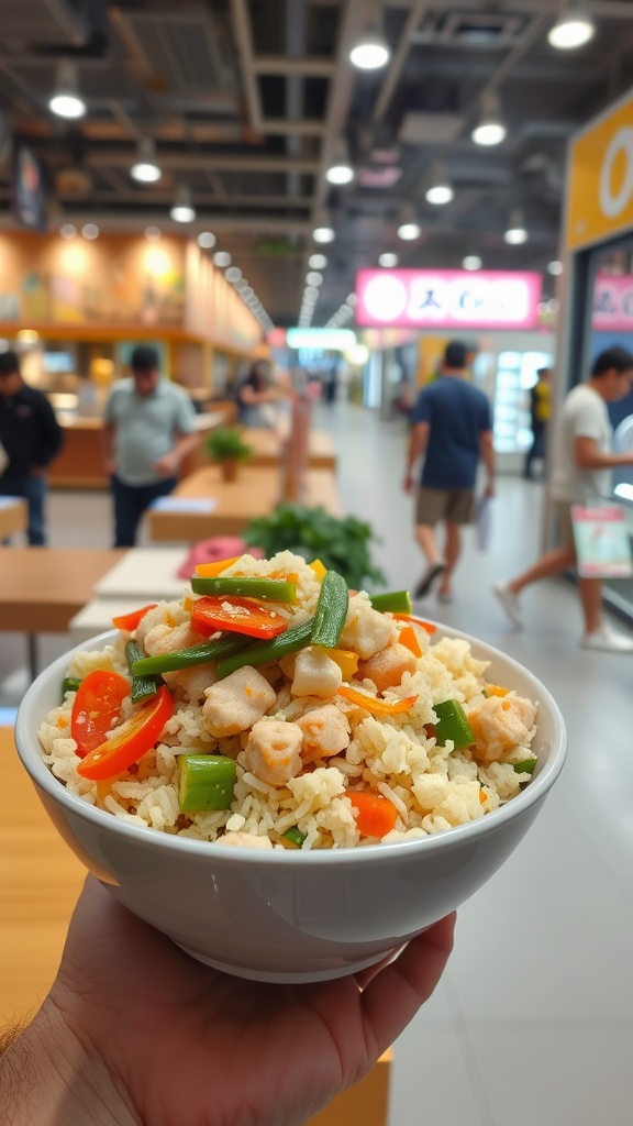 A bowl of cauliflower rice stir-fry with colorful vegetables in a food court setting.