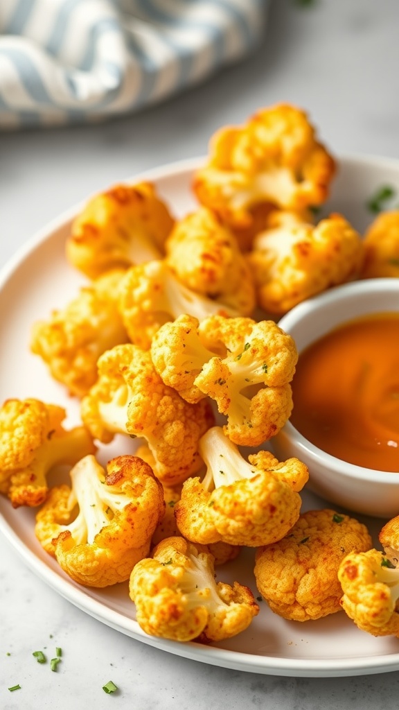 A plate of golden cheddar cauliflower bites served with a dipping sauce.