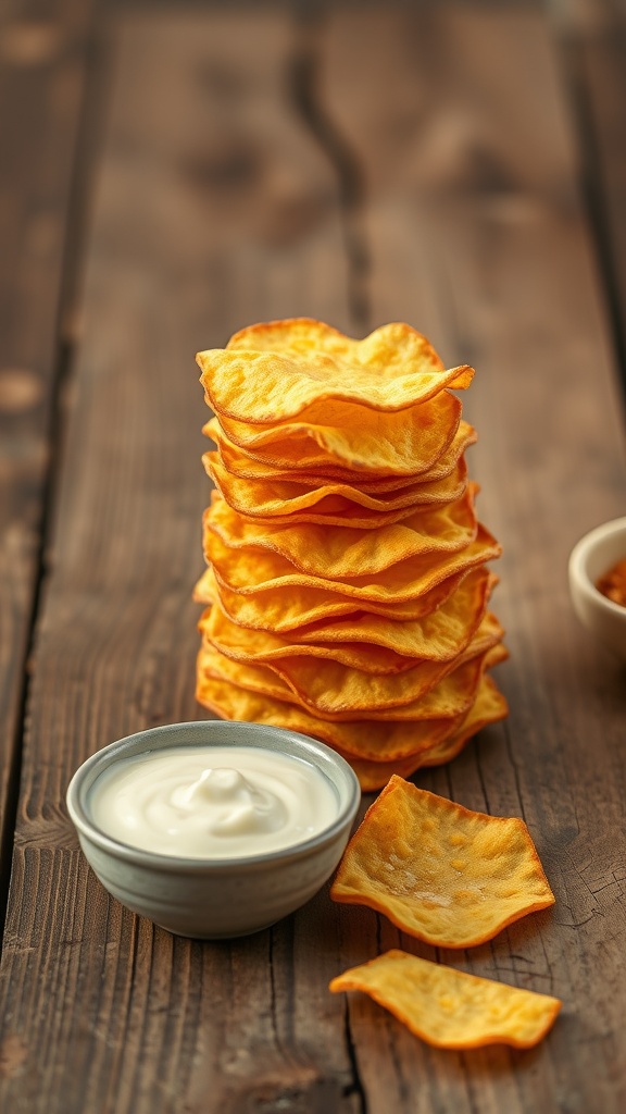 A stack of crispy cheese snacks beside a small bowl of creamy dip on a wooden surface.