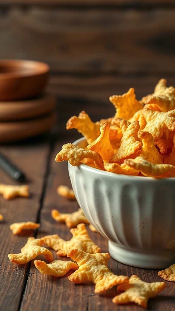 A bowl of crunchy cheese crisps on a wooden table.