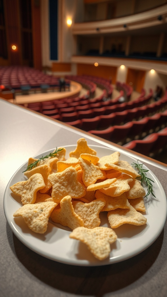 A plate of cheese crisps arranged on a table in a concert hall.