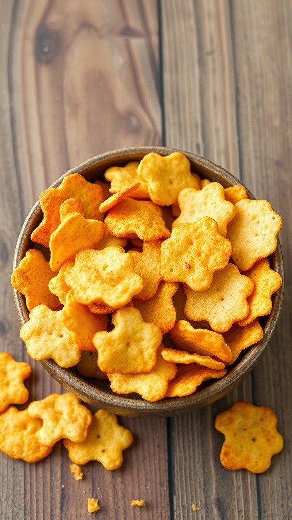 A bowl of orange cheese crisps on a wooden table.