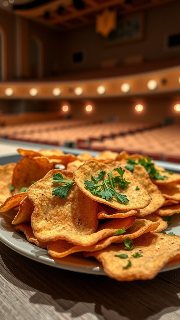 A plate of savory cheese crisps garnished with herbs in a concert hall setting.