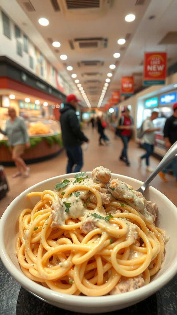 A bowl of Chicken Alfredo served over zoodles with a busy food court in the background.