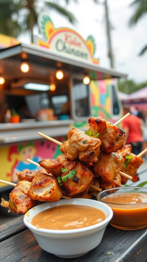 A stack of grilled chicken satay skewers with peanut sauce on the side, served at a colorful food truck.