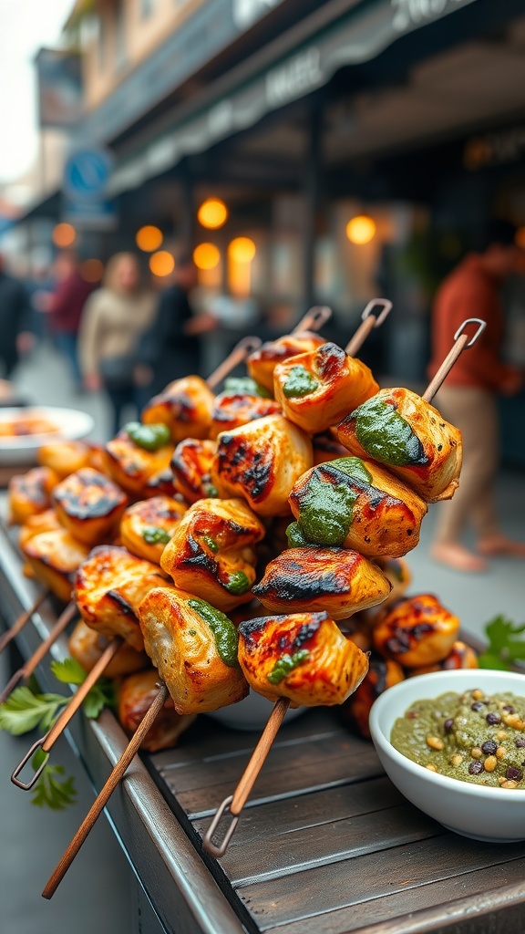 A close-up of grilled chicken skewers drizzled with pesto, served with a bowl of green dip.