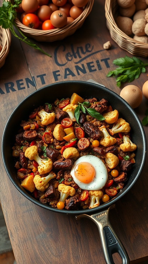 A skillet filled with chorizo and cauliflower hash topped with a fried egg, surrounded by fresh vegetables.