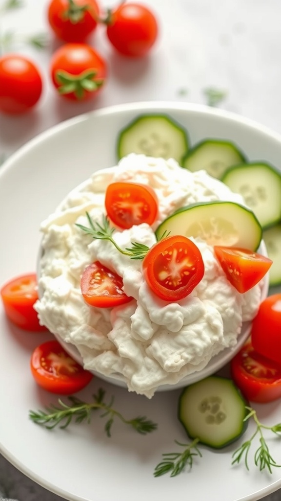 A savory cottage cheese bowl topped with cherry tomatoes and cucumber slices, surrounded by cherry tomatoes.