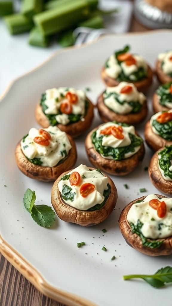 A platter of cream cheese and spinach stuffed mushrooms garnished with red chili slices.
