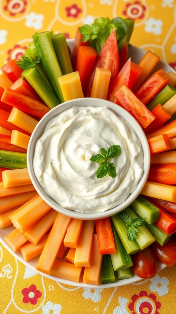 A bowl of cream cheese dip surrounded by colorful sliced veggies.