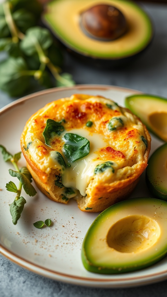 A savory egg muffin sandwich with spinach and melted cheese, surrounded by avocado halves.