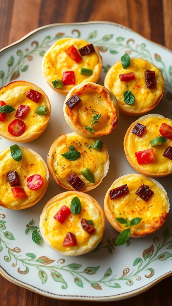 A plate of savory egg muffins topped with various colorful vegetables.