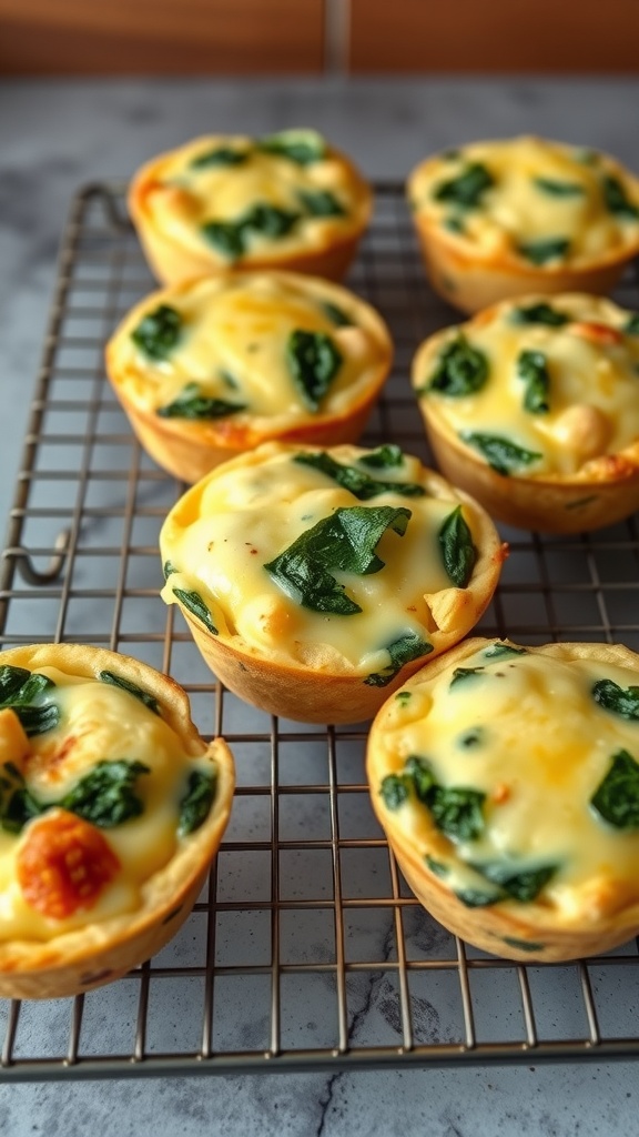 A tray of freshly baked savory egg muffins with spinach.