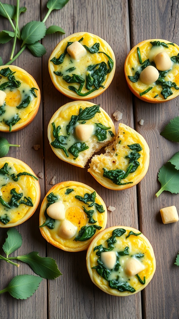 Savory egg muffins with spinach and cheese on a wooden table.