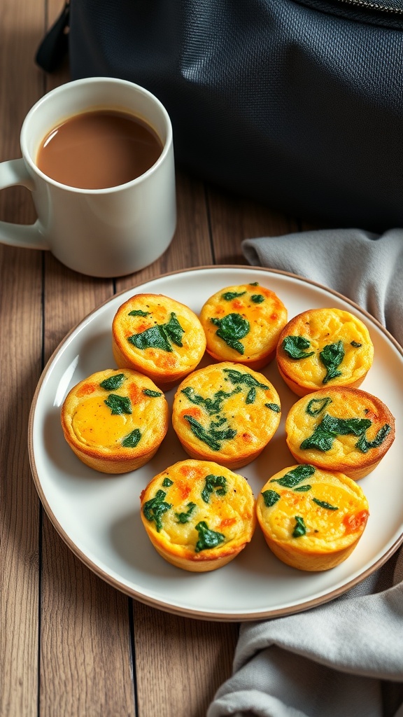 A plate of savory egg muffins with spinach and cheese next to a cup of coffee.