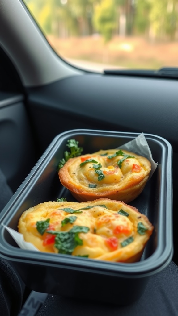 Savory egg muffins with vegetables in a takeout container, placed on the car seat.