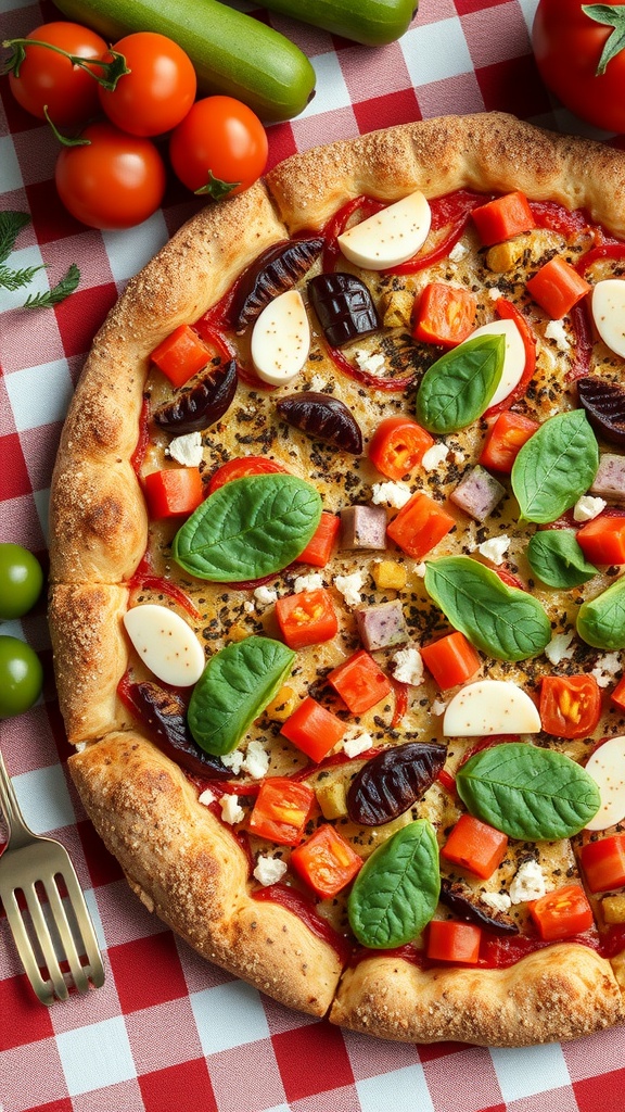 A delicious looking pizza topped with fresh vegetables and cheese.