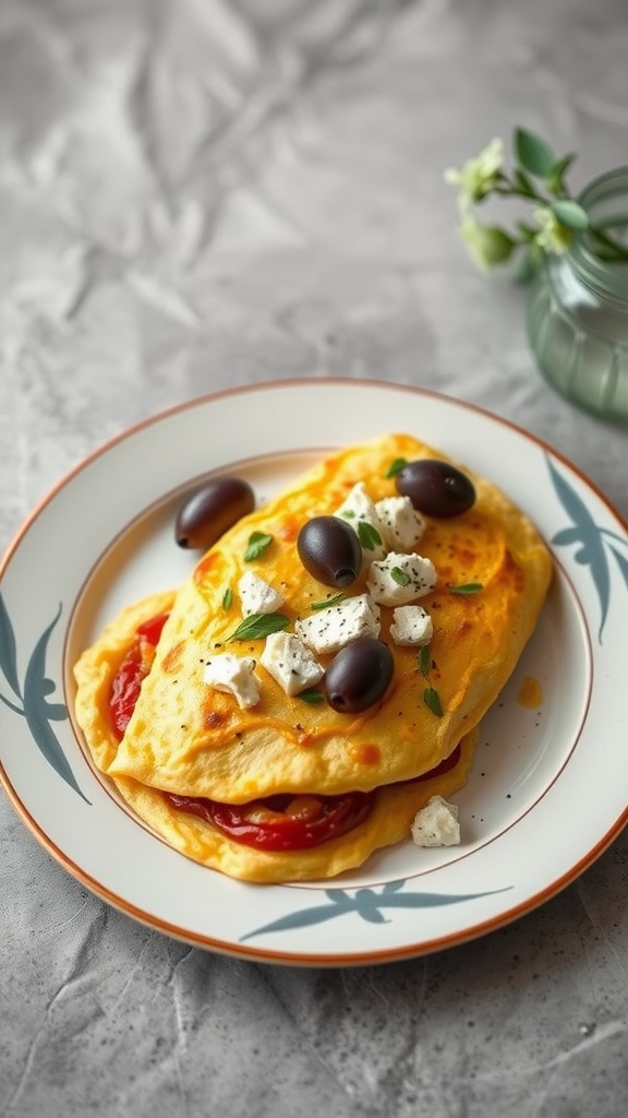 A savory Greek omelette with feta cheese and olives on a plate.