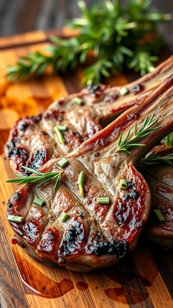 Juicy grilled lamb chops garnished with herbs on a wooden cutting board.