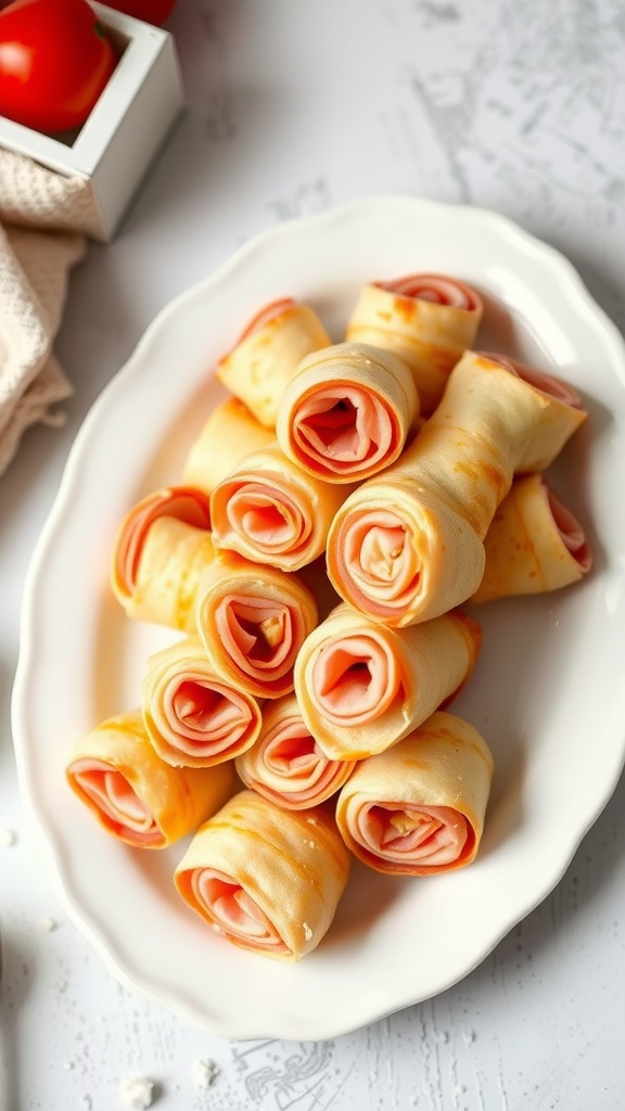 Plate of ham and cheese roll-ups.