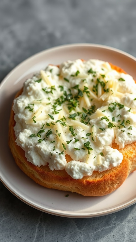 A plate of savory herb cloud bread pizza topped with cheese and herbs.