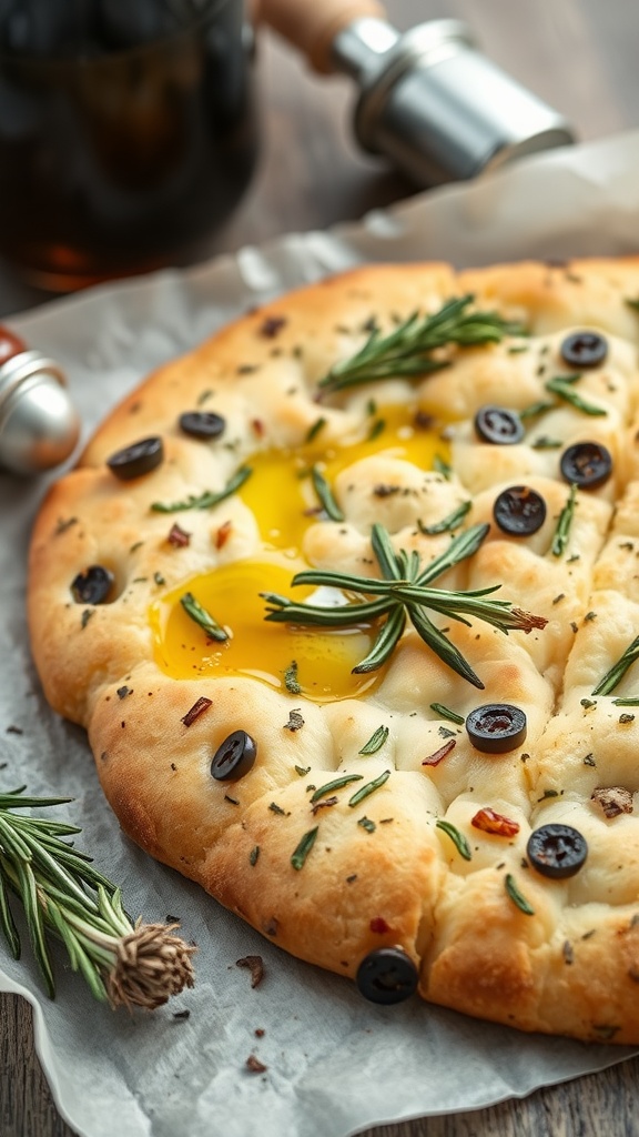 Savory herb focaccia topped with olives and rosemary
