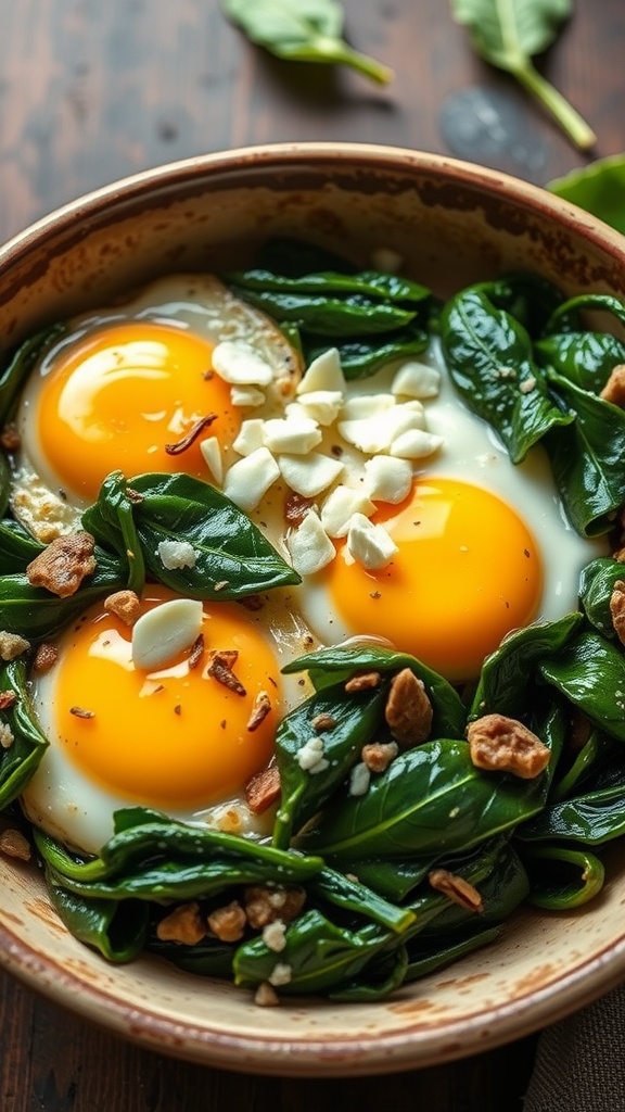 A bowl containing three eggs on a bed of fresh spinach topped with chopped nuts.