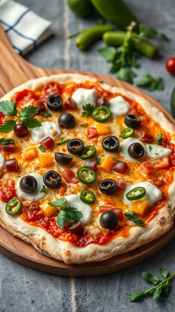 Keto Mexican pizza topped with olives, jalapeños, and fresh herbs on a wooden serving board.