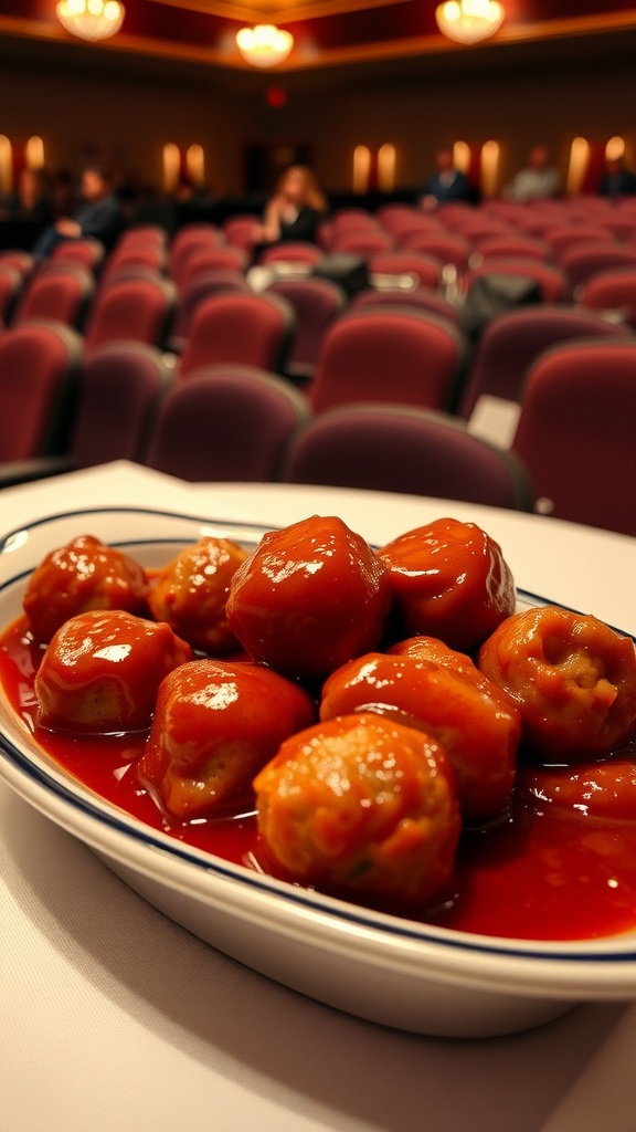 A plate of savory meatballs in BBQ sauce sitting on a table in a concert hall.