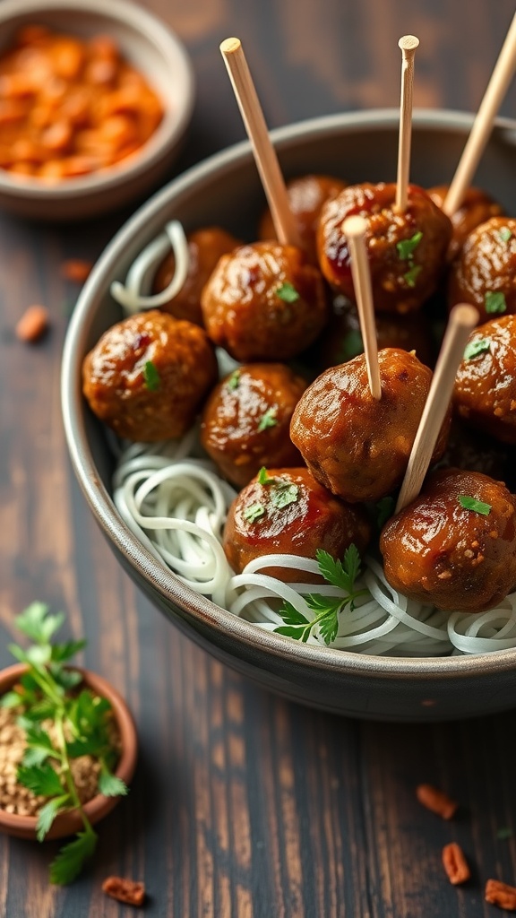 A bowl of savory meatballs garnished with herbs, served with wooden skewers.