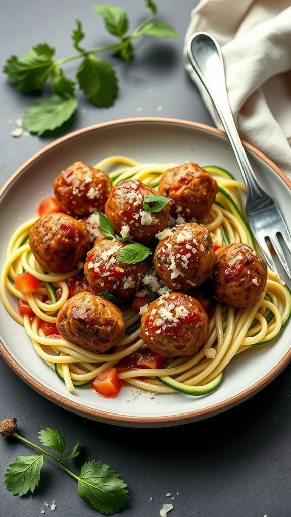 Delicious meatballs on a plate with zucchini noodles and garnished with herbs.