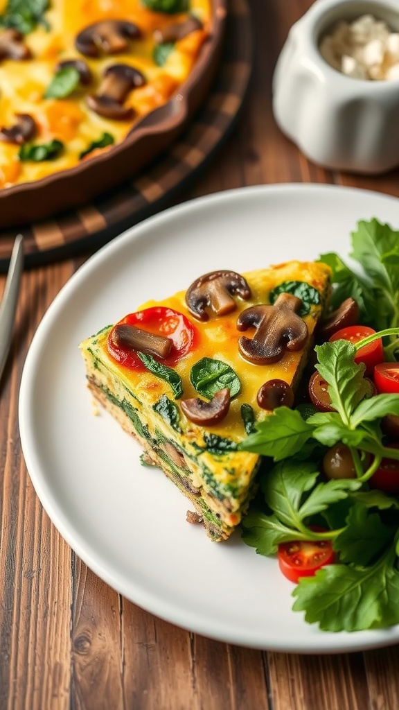 A slice of mushroom and spinach frittata on a plate with a side of mixed greens and cherry tomatoes.