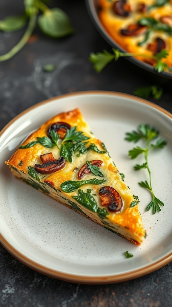 Slice of mushroom and spinach frittata on a plate with fresh herbs