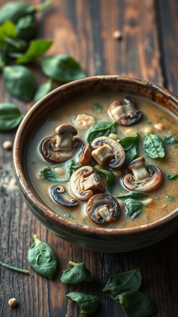 A bowl of mushroom and spinach soup on a wooden table.