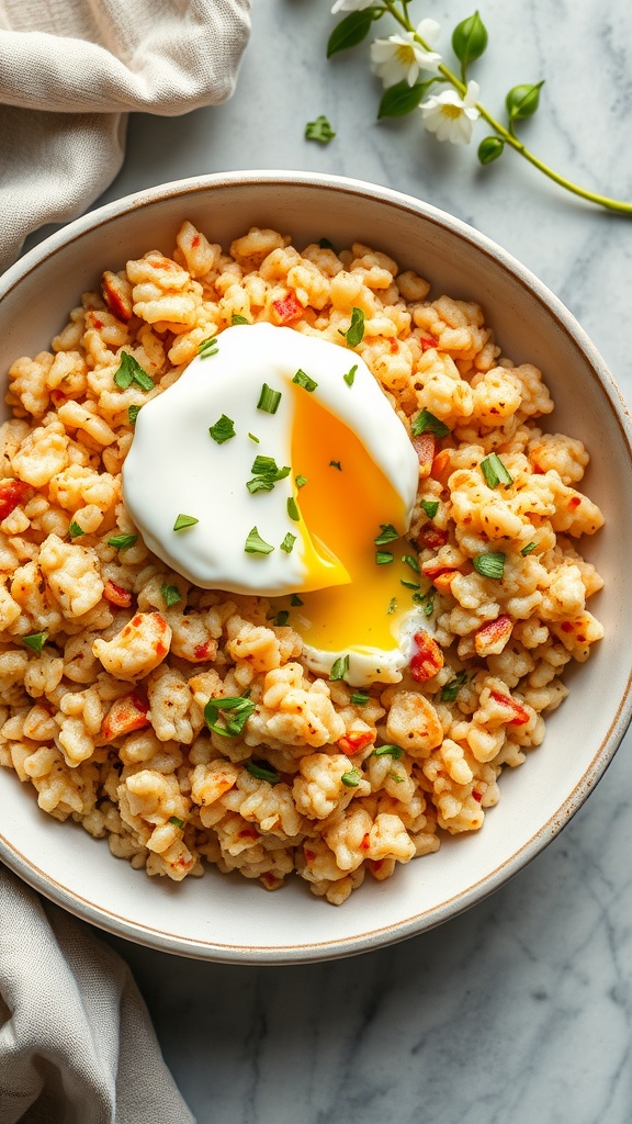 A bowl of savory oatmeal with cauliflower rice, topped with a soft-boiled egg and parsley.