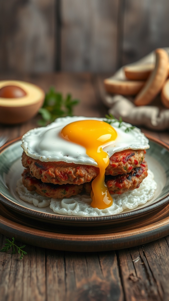 A savory pork and egg breakfast stack with a runny yolk on top.