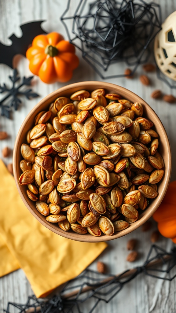 A bowl of roasted pumpkin seeds surrounded by Halloween decorations