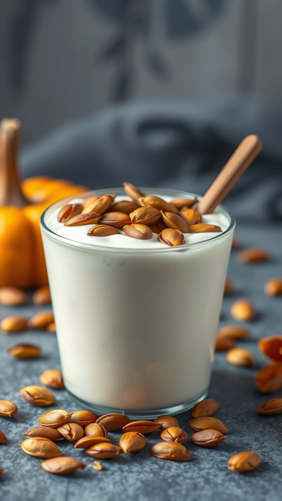 A glass of yogurt topped with pumpkin seeds, surrounded by loose pumpkin seeds and a small pumpkin.