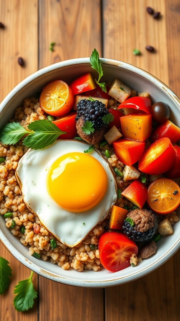 A quinoa breakfast bowl with vegetables and a fried egg on top.