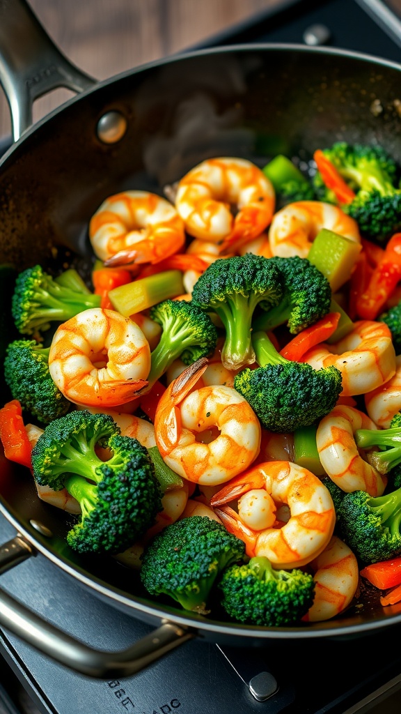 A vibrant shrimp and broccoli stir-fry in a pan with colorful vegetables.