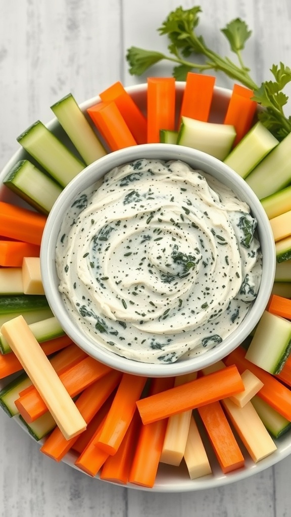 A bowl of creamy spinach and artichoke dip surrounded by colorful vegetable sticks.