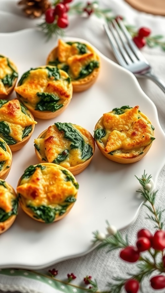 A plate of savory spinach and cheese bites garnished with festive decor.