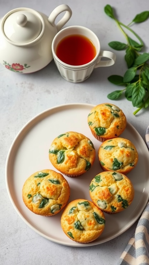 Savory spinach and cheese muffins on a plate, with a teapot and cup in the background