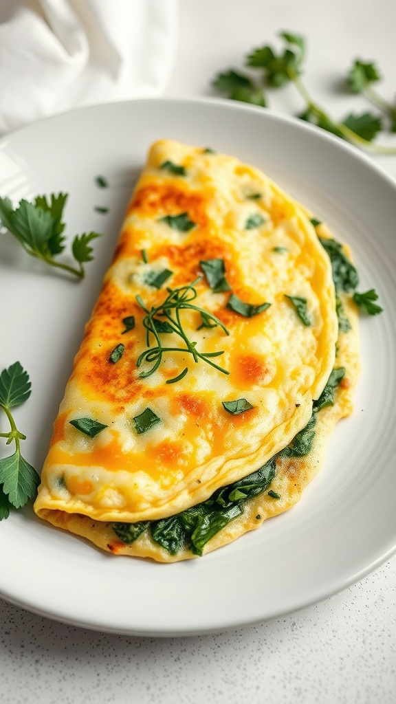 A delicious spinach and cheese omelette served on a plate with fresh herbs.