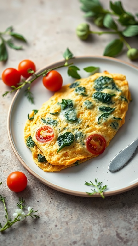 A savory spinach and cheese omelette served on a plate with cherry tomatoes and herbs.