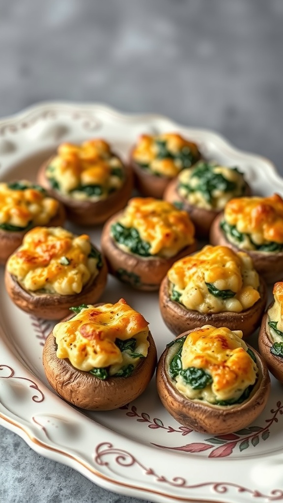 A close-up of spinach and cheese stuffed mushrooms on a decorative plate.